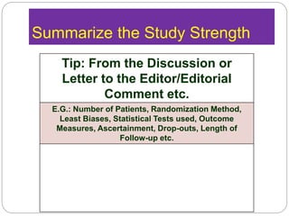 Summarize the Study Strength
Tip: From the Discussion or
Letter to the Editor/Editorial
Comment etc.
E.G.: Number of Patients, Randomization Method,
Least Biases, Statistical Tests used, Outcome
Measures, Ascertainment, Drop-outs, Length of
Follow-up etc.
 