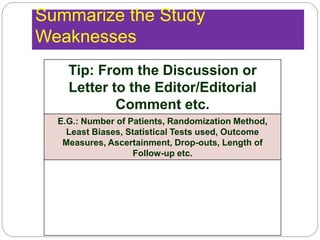 Summarize the Study
Weaknesses
Tip: From the Discussion or
Letter to the Editor/Editorial
Comment etc.
E.G.: Number of Patients, Randomization Method,
Least Biases, Statistical Tests used, Outcome
Measures, Ascertainment, Drop-outs, Length of
Follow-up etc.
 