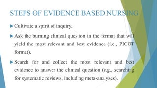 STEPS OF EVIDENCE BASED NURSING
 Cultivate a spirit of inquiry.
 Ask the burning clinical question in the format that will
yield the most relevant and best evidence (i.e., PICOT
format).
 Search for and collect the most relevant and best
evidence to answer the clinical question (e.g., searching
for systematic reviews, including meta-analyses).
 