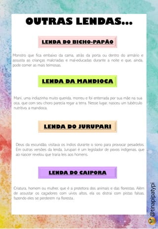 OUTRAS LENDAS...
LENDA DO BICHO-PAPÃO
Monstro que fica embaixo da cama, atrás da porta ou dentro do armário e
assusta as crianças malcriadas e mal-educadas durante a noite e que, ainda,
pode comer as mais teimosas.
LENDA DA MANDIOCA
Mani, uma indiazinha muito querida, morreu e foi enterrada por sua mãe na sua
oca, que com seu choro parecia regar a terra. Nesse lugar, nasceu um tubérculo
nutritivo, a mandioca.
LENDA DO JURUPARI
Deus da escuridão, visitava os índios durante o sono para provocar pesadelos.
Em outras versões da lenda, Jurupari é um legislador de povos indígenas, que
ao nascer revelou que traria leis aos homens.
LENDA DO CAIPORA
Criatura, homem ou mulher, que é a protetora dos animais e das florestas. Além
de assustar os caçadores com uivos altos, ela os distrai com pistas falsas,
fazendo eles se perderem na floresta..
@tinapipatypi
 