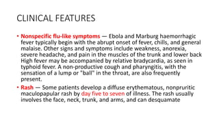 CLINICAL FEATURES 
• Nonspecific flu-like symptoms — Ebola and Marburg haemorrhagic 
fever typically begin with the abrupt onset of fever, chills, and general 
malaise. Other signs and symptoms include weakness, anorexia, 
severe headache, and pain in the muscles of the trunk and lower back 
High fever may be accompanied by relative bradycardia, as seen in 
typhoid fever. A non-productive cough and pharyngitis, with the 
sensation of a lump or "ball" in the throat, are also frequently 
present. 
• Rash — Some patients develop a diffuse erythematous, nonpruritic 
maculopapular rash by day five to seven of illness. The rash usually 
involves the face, neck, trunk, and arms, and can desquamate 
 