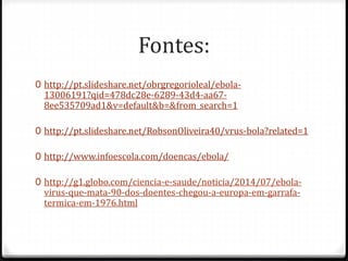 Fontes: 
0 http://pt.slideshare.net/obrgregorioleal/ebola- 
13006191?qid=478dc28e-6289-43d4-aa67- 
8ee535709ad1&v=default&b=&from_search=1 
0 http://pt.slideshare.net/RobsonOliveira40/vrus-bola?related=1 
0 http://www.infoescola.com/doencas/ebola/ 
0 http://g1.globo.com/ciencia-e-saude/noticia/2014/07/ebola-virus- 
que-mata-90-dos-doentes-chegou-a-europa-em-garrafa-termica- 
em-1976.html 
