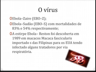 O vírus 
0Ebola–Zaire (EBO–Z); 
0Ebola–Sudão (EBO–S) com mortalidades de 
83% e 54% respectivamente; 
0A estirpe Ebola– Reston foi descoberta em 
1989 em macacos Macaca fascicularis 
importado s das Filipinas para os EUA tendo 
infectado alguns tratadores por via 
respiratória. 
 