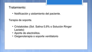 Tratamiento:
• Notificación y aislamiento del paciente.
Terapia de soporte.
• Cristaloides (Sol. Salina 0,9% o Solución Ringer
Lactato)
• Aporte de electrolitos.
• Oxigenoterapia o soporte ventilatorio
 