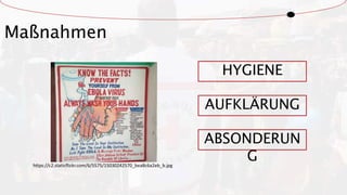 Maßnahmen
https://c2.staticflickr.com/6/5575/15030242570_bea8c6a2eb_b.jpg
ABSONDERUN
G
AUFKLÄRUNG
HYGIENE
 