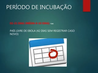 PERÍODO DE INCUBAÇÃO
02-21 DIAS (MÉDIA 8-10 DIAS) *CDC
PAÍS LIVRE DE EBOLA (42 DIAS SEM REGISTRAR CASO
NOVO)
 
