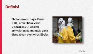 Definisi
Ebola Hemorrhagic Fever
(EHF) atau Ebola Virus
Disease (EVD) adalah
penyakit pada manusia yang
disebabkan oleh virus Ebola.
1 Ebola
 