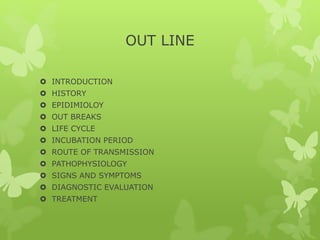 OUT LINE
 INTRODUCTION
 HISTORY
 EPIDIMIOLOY
 OUT BREAKS
 LIFE CYCLE
 INCUBATION PERIOD
 ROUTE OF TRANSMISSION
 PATHOPHYSIOLOGY
 SIGNS AND SYMPTOMS
 DIAGNOSTIC EVALUATION
 TREATMENT
 