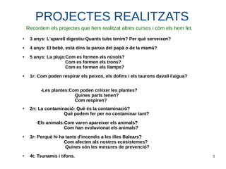 3
PROJECTES REALITZATS
● 3 anys: L'aparell digestiu:Quants tubs tenim? Per què serveixen?
● 4 anys: El bebè, està dins la panxa del papà o de la mamà?
● 5 anys: La pluja:Com es formen els nùvols?
Com es formen els trons?
Com es formen els llamps?
● 1r: Com poden respirar els peixos, els dofins i els taurons davall l'aigua?
-Les plantes:Com poden crèixer les plantes?
Quines parts tenen?
Com respiren?
● 2n: La contaminació: Què és la contaminació?
Què podem fer per no contaminar tant?
-Els animals:Com varen apareixer els animals?
Com han evoluvionat els animals?
● 3r: Perquè hi ha tants d'incendis a les illes Balears?
Com afecten als nostres ecosistemes?
Quines són les mesures de prevenció?
● 4t: Tsunamis i tifons.
Recordem els projectes que hem realitzat altres cursos i cóm els hem fet.
 