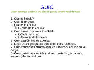 9
GUIÓ
1.-Què és l'ebola?
2.-Què és un virus
3.-Què és la cèl.lula
3.1.-Parts de la cèl·lula
4.-Com ataca els virus a la cèl-lula.
4.1.-Cicle del virus.
4.2.-Evolució de l'infecció
5.-Com aparèix l'ebola a Àfrica
6.-Localització geogràfica dels brots del virus ebola.
7.-Característiques climatològiques i naturals del lloc on va
sorgir.
8.-Característiques socials (cultura i costums , economía,
servèis..)del lloc del brot.
Vàrem començar a elaborar una sèrie de passes per tenir més informació
 