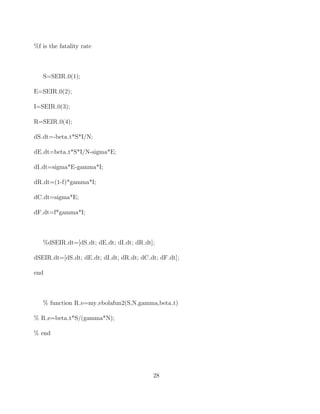 %f is the fatality rate
S=SEIR 0(1);
E=SEIR 0(2);
I=SEIR 0(3);
R=SEIR 0(4);
dS dt=-beta t*S*I/N;
dE dt=beta t*S*I/N-sigma*E;
dI dt=sigma*E-gamma*I;
dR dt=(1-f)*gamma*I;
dC dt=sigma*E;
dF dt=f*gamma*I;
%dSEIR dt=[dS dt; dE dt; dI dt; dR dt];
dSEIR dt=[dS dt; dE dt; dI dt; dR dt; dC dt; dF dt];
end
% function R e=my ebolafun2(S,N,gamma,beta t)
% R e=beta t*S/(gamma*N);
% end
28
 