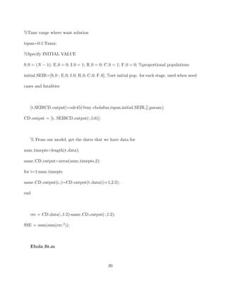 %Time range where want solution
tspan=0:1:Tmax;
%Specify INITIAL VALUE
S 0 = (N − 1); E 0 = 0; I 0 = 1; R 0 = 0; C 0 = 1; F 0 = 0; %proportional populations
initial SEIR=[S 0 ; E 0; I 0; R 0; C 0; F 0]; %set initial pop. for each stage, used when need
cases and fatalities
[t,SEIRCD output]=ode45(@my ebolafun,tspan,initial SEIR,[],param);
CD output = [t, SEIRCD output(:,5:6)];
% From our model, get the dates that we have data for
num timepts=length(t data);
same CD output=zeros(num timepts,2);
for i=1:num timepts
same CD output(i,:)=CD output(t data(i)+1,2:3);
end
err = CD data(:,1:2)-same CD output(:,1:2);
SSE = sum(sum(err.2
));
Ebola ﬁt.m
30
 
