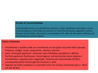 Período de Transmissibilidade 
A transmissão inicia-se no período dos sintomas sendo classificado como baixo, na fase 
inicial da doença e ocorrendo um aumento na fase final da doença. Segundo o Centers 
Disease Control (CDC), não ocorre a transmissão no PI, além de não existir evidências de 
transmissão por assintomáticos 
Sinais e Sintomas 
• Inicialmente o quadro pode ser semelhante aos da gripe incluindo febre abrupta, 
fraqueza, mialgia, tosse, conjuntivite, vômitos, diarreia 
• Com a evolução aparecem sintomas como fotofobia, sonolência e delírios 
• No final aparecem fenômenos hemorrágicos, primeiramente como melena e 
hematêmese, seguidos pela coagulação intravascular disseminada (CIVD) e 
consequentemente hemorragia de mucosas e pele 
• Seguem-se lesões hepáticas e o paciente entra em choque evoluindo para o óbito 
em até 10 dias 
 