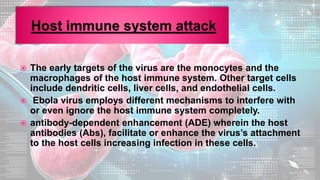  The early targets of the virus are the monocytes and the
macrophages of the host immune system. Other target cells
include dendritic cells, liver cells, and endothelial cells.
 Ebola virus employs different mechanisms to interfere with
or even ignore the host immune system completely.
 antibody-dependent enhancement (ADE) wherein the host
antibodies (Abs), facilitate or enhance the virus’s attachment
to the host cells increasing infection in these cells.
 