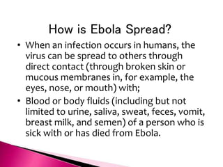 How is Ebola Spread?
• When an infection occurs in humans, the
virus can be spread to others through
direct contact (through broken skin or
mucous membranes in, for example, the
eyes, nose, or mouth) with;
• Blood or body fluids (including but not
limited to urine, saliva, sweat, feces, vomit,
breast milk, and semen) of a person who is
sick with or has died from Ebola.
 