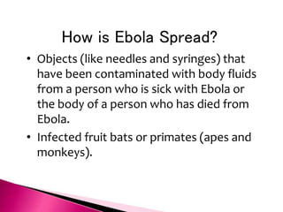 How is Ebola Spread?
• Objects (like needles and syringes) that
have been contaminated with body fluids
from a person who is sick with Ebola or
the body of a person who has died from
Ebola.
• Infected fruit bats or primates (apes and
monkeys).
 