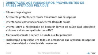 ORIENTAÇÃO AOS PASSAGEIROS PROVENIENTES DE 
PAÍSES AFETADOS PELA DVE 
• Não restringe viagens 
• Acrescenta proteção sem causar transtornos aos passageiros 
• Orienta sobre como funciona o Sistema Único de Saúde 
• Orienta sobre a necessidade de procurar serviço de saúde caso apresente 
sintomas e sinais compatíveis com a DVE 
• Alerta rapidamente o serviço de saúde que for procurado 
• Implantação progressiva em todos os aeroportos que recebem passageiros 
dos países afetados até o final de novembro 
31/10/2014 EBOLA - PREPARAÇÃO E RESPOSTA NO SUS 11 
 