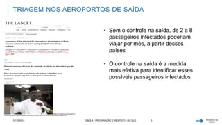 TRIAGEM NOS AEROPORTOS DE SAÍDA 
• Sem o controle na saída, de 2 a 8 
passageiros infectados poderiam 
viajar por mês, a partir desses 
países 
• O controle na saida é a medida 
mais efetiva para identificar esses 
possíveis passageiros infectados 
31/10/2014 EBOLA - PREPARAÇÃO E RESPOSTA NO SUS 5 
 