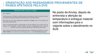 ORIENTAÇÃO AOS PASSAGEIROS PROVENIENTES DE 
PAÍSES AFETADOS PELA DVE 
• No posto da Anvisa, depois da 
entrevista e aferição da 
temperatura é entregue material 
com informações para o 
viajante sobre o atendimento no 
SUS 
31/10/2014 EBOLA - PREPARAÇÃO E RESPOSTA NO SUS 9 
 