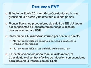 Resumen EVE 
El brote de Ébola 2014 en África Occidental es la más grande en la historia y ha afectado a varios países 
Piense Ébola: los proveedores de salud de EE.UU deben ser conscientes de los factores de riesgo clínico de presentación y para EVE 
De humano a humano transmisión por contacto directo 
No hay transmisión de persona a-persona a través de la inhalación (aerosoles) 
No hay transmisión antes de inicio de los síntomas 
La identificación temprana caso, el aislamiento, el tratamiento y el control efectivo de infección son esenciales para prevenir la transmisión del Ébola 
32  