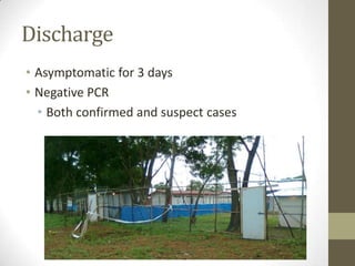 Discharge
• Asymptomatic for 3 days
• Negative PCR
• Both confirmed and suspect cases
 