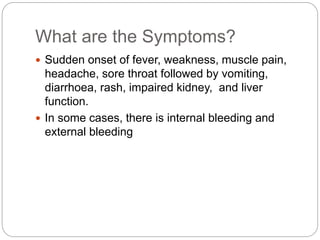 What are the Symptoms? 
 Sudden onset of fever, weakness, muscle pain, 
headache, sore throat followed by vomiting, 
diarrhoea, rash, impaired kidney, and liver 
function. 
 In some cases, there is internal bleeding and 
external bleeding 
 