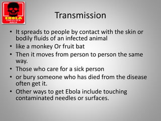 Transmission
• It spreads to people by contact with the skin or
bodily fluids of an infected animal
• like a monkey Or fruit bat
• Then it moves from person to person the same
way.
• Those who care for a sick person
• or bury someone who has died from the disease
often get it.
• Other ways to get Ebola include touching
contaminated needles or surfaces.
 