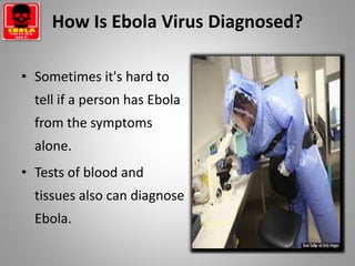 • Sometimes it's hard to
tell if a person has Ebola
from the symptoms
alone.
• Tests of blood and
tissues also can diagnose
Ebola.
How Is Ebola Virus Diagnosed?
 