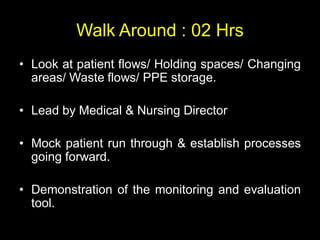 Walk Around : 02 Hrs
• Look at patient flows/ Holding spaces/ Changing
areas/ Waste flows/ PPE storage.
• Lead by Medical ...