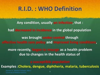 R.I.D. : WHO Definition
Any condition, usually an infection, that :
had decreased in incidence in the global population
was brought under control through
effective health care policy and improved living conditions,
more recently, began to resurge as a health problem
due to changes in the health status of
a susceptible population
Examples :Cholera, dengue, diphtheria, malaria, tuberculosis
Haratian K. ,Medical virologist, Alborz
University of Medical Sciences
5
 