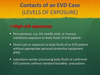 Contacts of an EVD Case
(LEVELS OF EXPOSURE)
High risk exposures
 Percutaneous, e.g. the needle stick, or mucous
membrane exposure to body fluids of EVD patient.
 Direct care or exposure to body fluids of an EVD patient
without appropriate personal protective equipment
(PPE)
 Laboratory worker processing body fluids of confirmed
EVD patients without standard biosafety precautions.
 