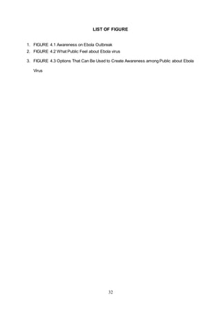 32
LIST OF FIGURE
1. FIGURE 4.1 Awareness on Ebola Outbreak
2. FIGURE 4.2 What Public Feel about Ebola virus
3. FIGURE 4.3 Options That Can Be Used to Create Awareness among Public about Ebola
Virus
 