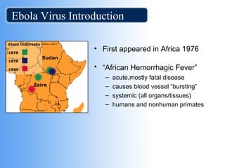 Ebola Virus Introduction 
• First appeared in Africa 1976 
• “African Hemorrhagic Fever” 
– acute,mostly fatal disease 
– causes blood vessel “bursting” 
– systemic (all organs/tissues) 
– humans and nonhuman primates 
 