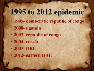 1995 to 2012 epidemic
• 1995- democratic republic of congo
• 2000- uganda
• 2003- republic of congo
• 2004- russia
• 2007- DRC
• 2012- eastern DRC
 