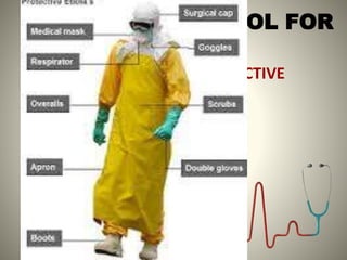 HOSPITAL PROTOCOL FOR
EBOLA HIT
• HANDLING PERSONAL PROTECTIVE
EQUIPMENT.
• REMOVAL
• ISOLATION
• FLUID CONTROL
• DISINFECTING
• NO NEEDLES
 