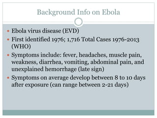 Background Info on Ebola 
 Ebola virus disease (EVD) 
 First identified 1976; 1,716 Total Cases 1976-2013 
(WHO) 
 Symptoms include: fever, headaches, muscle pain, 
weakness, diarrhea, vomiting, abdominal pain, and 
unexplained hemorrhage (late sign) 
 Symptoms on average develop between 8 to 10 days 
after exposure (can range between 2-21 days) 
 