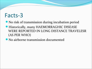 Facts-3
No risk of transmission during incubation period
Historically, many HAEMORRAGHIC DISEASE
WERE REPORTED IN LONG DISTANCE TRAVELESR
(AS PER WHO)
No airborne transmission documented
 