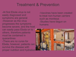 Treatment & Prevention
-At first Ebola virus is not     -Vaccines have been created
easily diagnosed and             to treat non-human carriers
symptoms are general             such as monkeys
-However as the virus            -Studies have begun on
progresses the symptoms          humans
become severe, and the host
can easily pass Ebola on to
others, therefore patients
must be contained in
quarantines
-There are no cures for
Ebola, however, patients can
survive the disease with
proper nutrition and hydration
 
