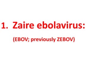 1. Zaire ebolavirus:
(EBOV; previously ZEBOV)
 