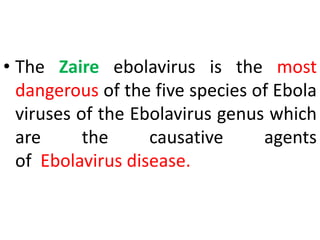 • The Zaire ebolavirus is the most
dangerous of the five species of Ebola
viruses of the Ebolavirus genus which
are the causative agents
of Ebolavirus disease.
 