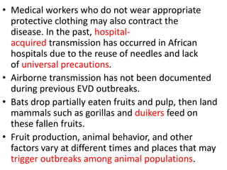 • Medical workers who do not wear appropriate
protective clothing may also contract the
disease. In the past, hospital-
acquired transmission has occurred in African
hospitals due to the reuse of needles and lack
of universal precautions.
• Airborne transmission has not been documented
during previous EVD outbreaks.
• Bats drop partially eaten fruits and pulp, then land
mammals such as gorillas and duikers feed on
these fallen fruits.
• Fruit production, animal behavior, and other
factors vary at different times and places that may
trigger outbreaks among animal populations.
 