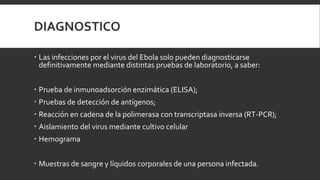 DIAGNOSTICO
 Las infecciones por el virus del Ebola solo pueden diagnosticarse
definitivamente mediante distintas pruebas de laboratorio, a saber:
 Prueba de inmunoadsorción enzimática (ELISA);
 Pruebas de detección de antígenos;
 Reacción en cadena de la polimerasa con transcriptasa inversa (RT-PCR);
 Aislamiento del virus mediante cultivo celular
 Hemograma
 Muestras de sangre y líquidos corporales de una persona infectada.
 