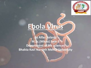 Ebola Virus
By Alfaz Solanki
M.Sc.(Micro) Sem-3
Department of life sciences
Bhakta Kavi Narsinh Mehta University
 