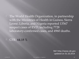  The World Health Organization, in partnership 
with the Ministries of Health in Guinea, Sierra 
Leone, Liberia, and Nigeria reported 13567 
suspect cases of EVD, including 7728 
laboratory-confirmed cases, and 4960 deaths. 
 CFR- 64.18 % 
Ref: http://www.cdc.gov 
updated on 31.10.2014 
11/02/14 Dr. Vaibhav V. Rajhans 32 
 
