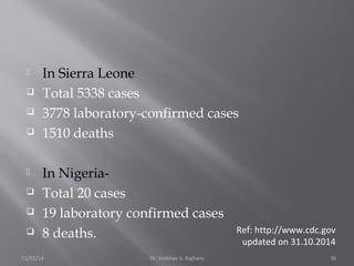  In Sierra Leone 
 Total 5338 cases 
 3778 laboratory-confirmed cases 
 1510 deaths 
 In Nigeria- 
 Total 20 cases 
 19 laboratory confirmed cases 
 8 deaths. 
Ref: http://www.cdc.gov 
updated on 31.10.2014 
11/02/14 Dr. Vaibhav V. Rajhans 36 
 
