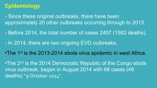 Epidemiology 
- Since these original outbreaks, there have been 
approximately 20 other outbreaks occurring through to 2013. 
- Before 2014, the total number of cases 2407 (1582 deaths). 
- In 2014, there are two ongoing EVD outbreaks. 
•The 1st is the 2013-2014 ebola virus epidemic in west Africa. 
•The 2nd is the 2014 Democratic Republic of the Congo ebola 
virus outbreak, began in August 2014 with 68 cases (49 
deaths) “9 October 2014”. 
 