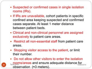 DIRECT PATIENT CARE (FOR 
SUSPECTED OR CONFIRMED 
PATIENTS) 1,8 
PATIENT PLACEMENT, STAFF 
ALLOCATION AND VISITORS: 
30 Tarek Amin 10/28/14 
 