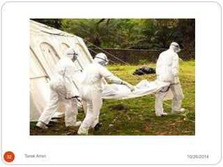 Suspected or confirmed cases in single isolation rooms (IRs). 
If IRs are unavailable, cohort patients in specific confined 
area keeping suspected and confirmed cases separate. At least 
1 meter distance between patient beds. 
Clinical and non-clinical personnel are assigned exclusively 
to patient care areas. 
 Restrict all non-essential staff from patient care areas. 
 Stopping visitor access to the patient, or limit their number. 
 Do not allow other visitors to enter the isolation 
rooms/areas and ensure adequate distance for observation 
(≈3 meters). 
 Before allowing visitors, screen for of EVD 
32 Tarek Amin 10/28/14 
 