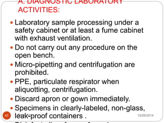 2- WASTE MANAGEMENT PROCEDURES 
Segregated at point of generation. 
 Puncture resistant waste containers. 
 Solid, non-sharp, infectious waste in leak-proof waste bags covered 
bins. 
Bins should never be carried against the body (e.g. on the shoulder). 
Designated pit of appropriate depth (2 m) and filled to a depth of 1– 
1.5 m, covered with 10 to 15 cm soil layer. 
 Controlled access. 
Feces, urine and vomit, and liquid waste, disposed sewer or latrine. 
47 Tarek Amin 10/28/14 
 
