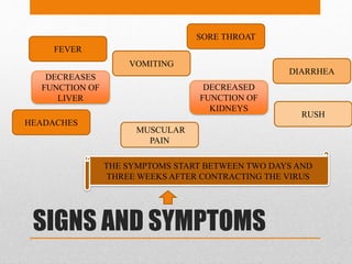 SIGNS AND SYMPTOMS
FEVER
MUSCULAR
PAIN
SORE THROAT
HEADACHES
THE SYMPTOMS START BETWEEN TWO DAYS AND
THREE WEEKS AFTER CONTRACTING THE VIRUS
VOMITING
DIARRHEA
RUSH
DECREASES
FUNCTION OF
LIVER
DECREASED
FUNCTION OF
KIDNEYS
 